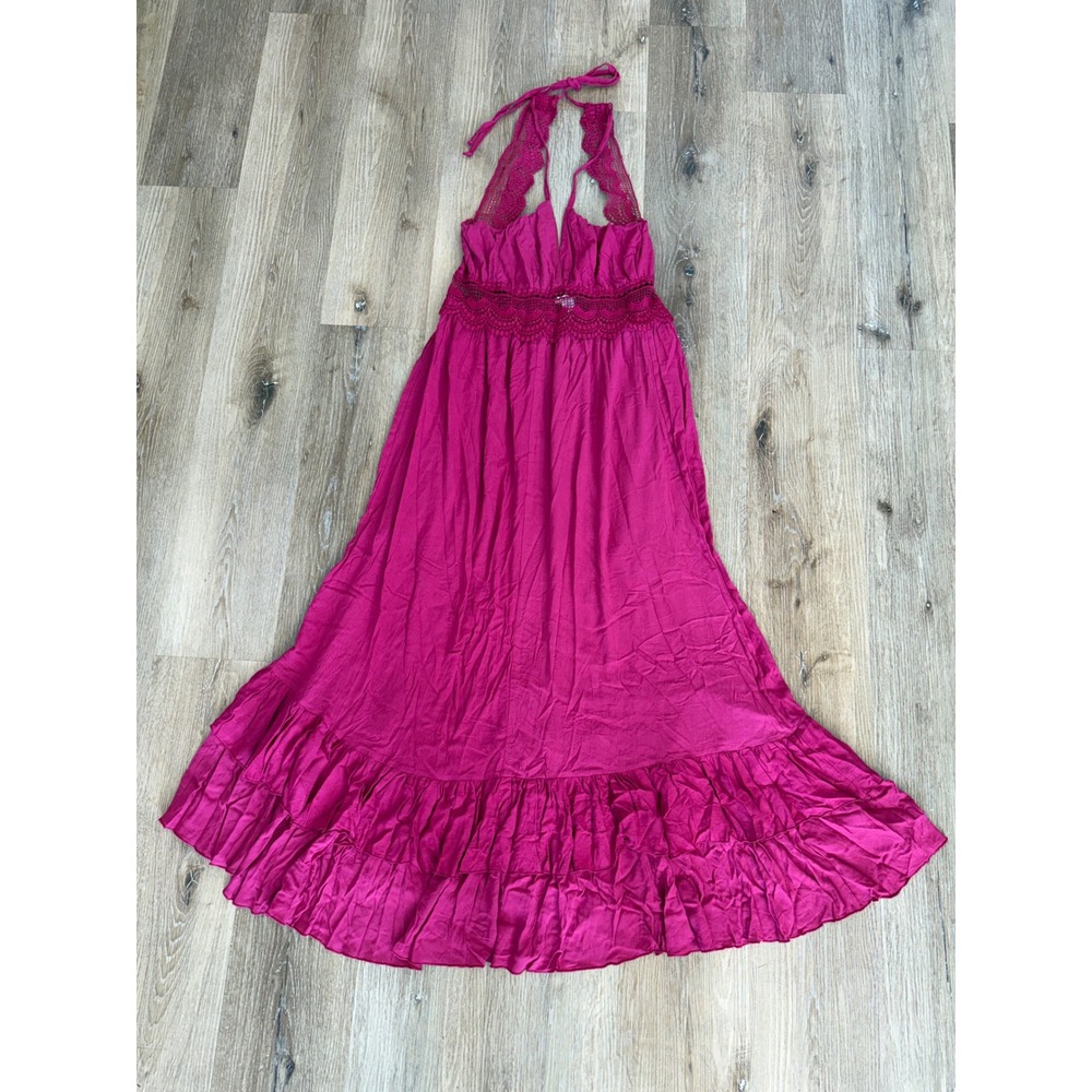 Whimsygoth Boho Maxi Dress M Magenta Pink Crochet Lace Tiered Ruffle Halter